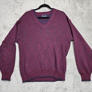 Vintage Isle of Cotton Burgundy Purple Diamond Pattern V-Neck Pullover Sweater M